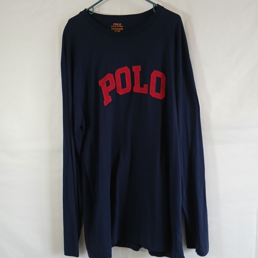 Polo Ralph Lauren T-Shirt Mens XLT Navy Blue Long Sleeve USA Flag Patch Logo